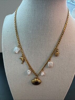 Gold Charm Necklace with Pearl Drops - Women Jewelry